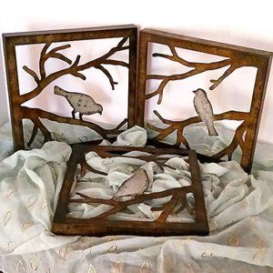HAMMERED BRASS BIRD PICTURES * SET OF 3 FOR $15 * ANTIQUE GOLD DISTRESSED FINISH